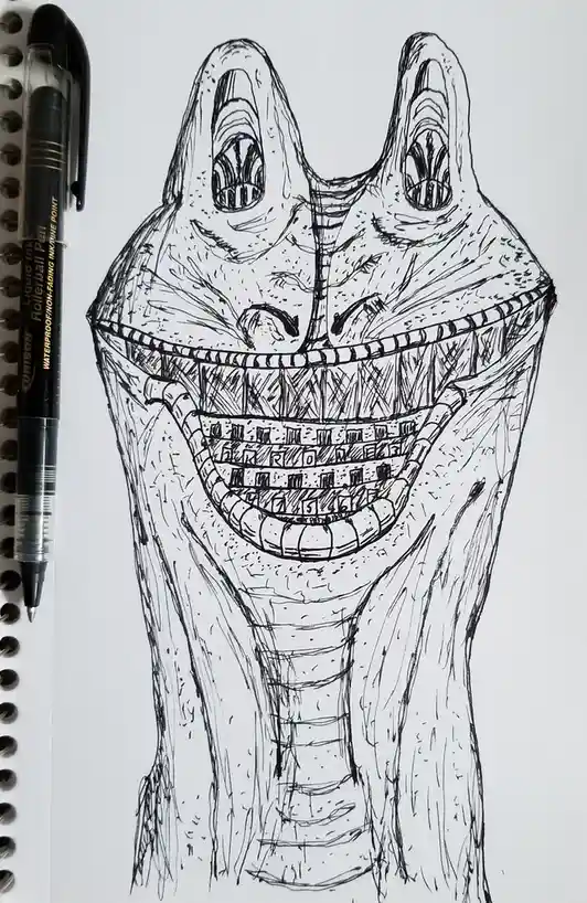 A black-and-white ink drawing on spiral-bound notebook paper depicts a grotesque, cartoonish monster with large, hollow…