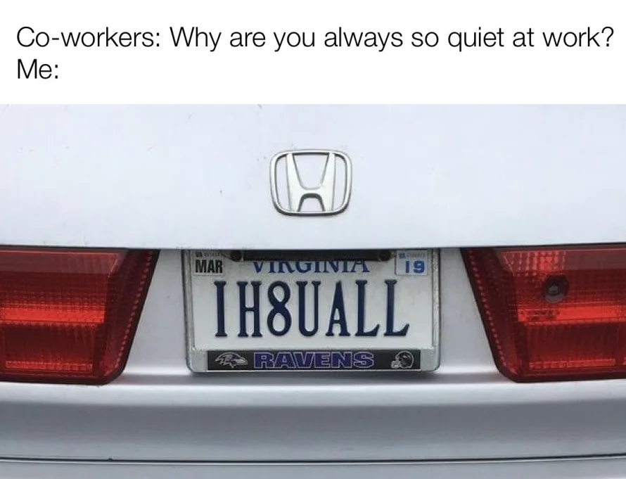 The image shows the rear of a silver Honda car with a Virginia license plate that reads 'IH8UALL'. The plate is mounted…
