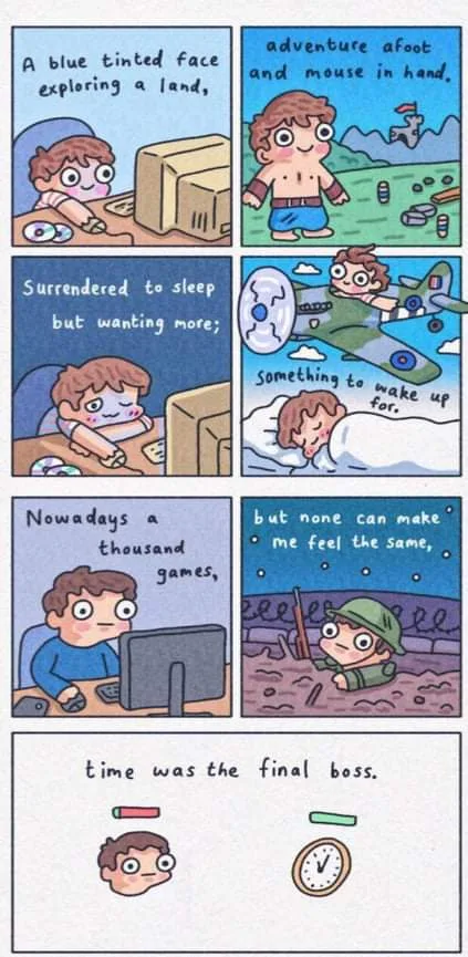 A six-panel comic strip depicts a person's journey from early gaming with a mouse and adventure games, to falling asleep…