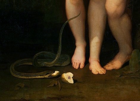 A classical painting depicts a snake lying dead on the ground with its head severed, positioned near a person's bare feet…