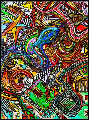 A vibrant, psychedelic, and chaotic abstract illustration filled with swirling, overlapping, and interwoven colorful shapes…