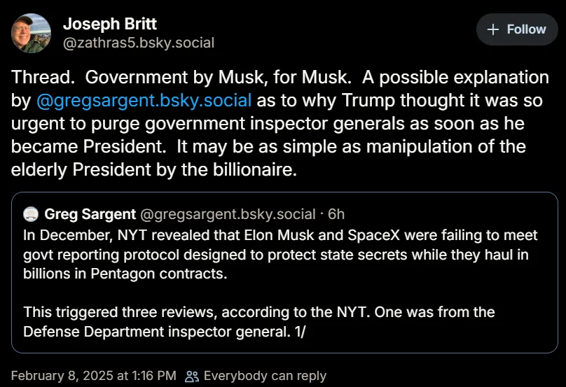 A screenshot of a social media thread by Joseph Britt, reposting a tweet from Greg Sargent. The original tweet discusses how…