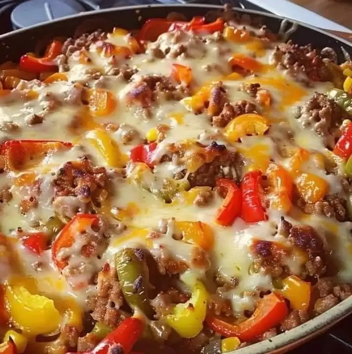 a close-up photo of a skillet filled with cooked ground meat, melted cheese, and colorful bell peppers in red, yellow, and…