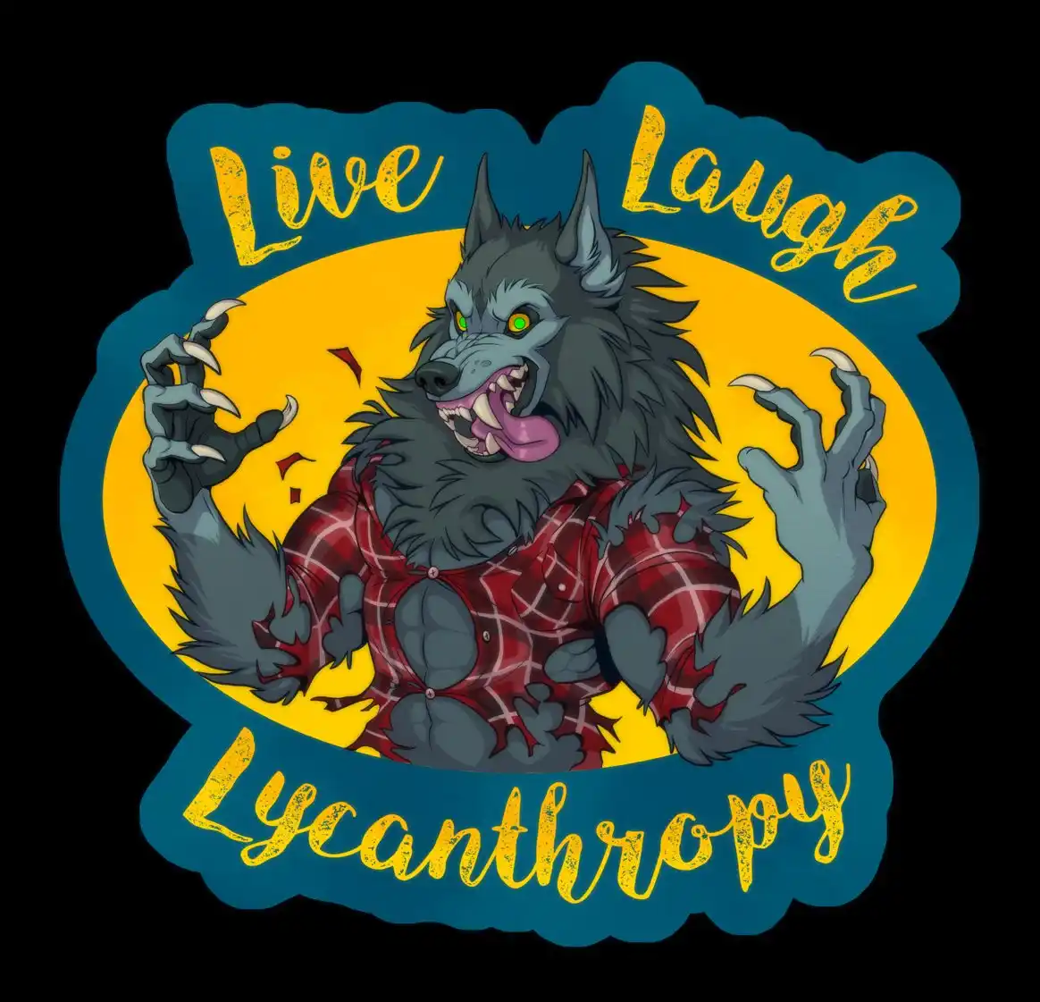 A cartoon werewolf with glowing green eyes, wearing a torn red plaid shirt, raises its clawed hands against a yellow oval…