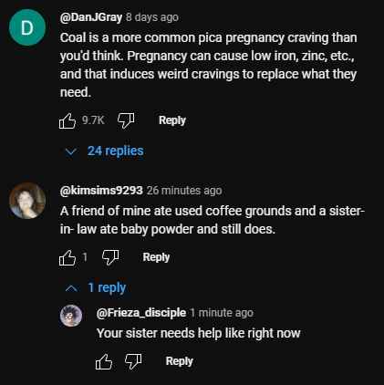 A screenshot of a Reddit thread where a user comments that pregnancy cravings can include unusual things like coal. Another…