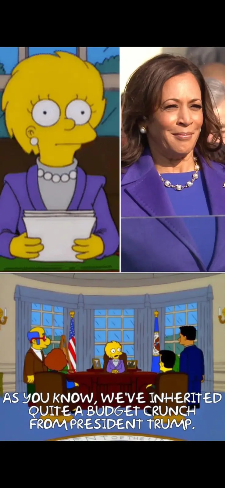 The image is a split-screen meme. The top half shows a side-by-side comparison: on the left, the animated character Lisa…