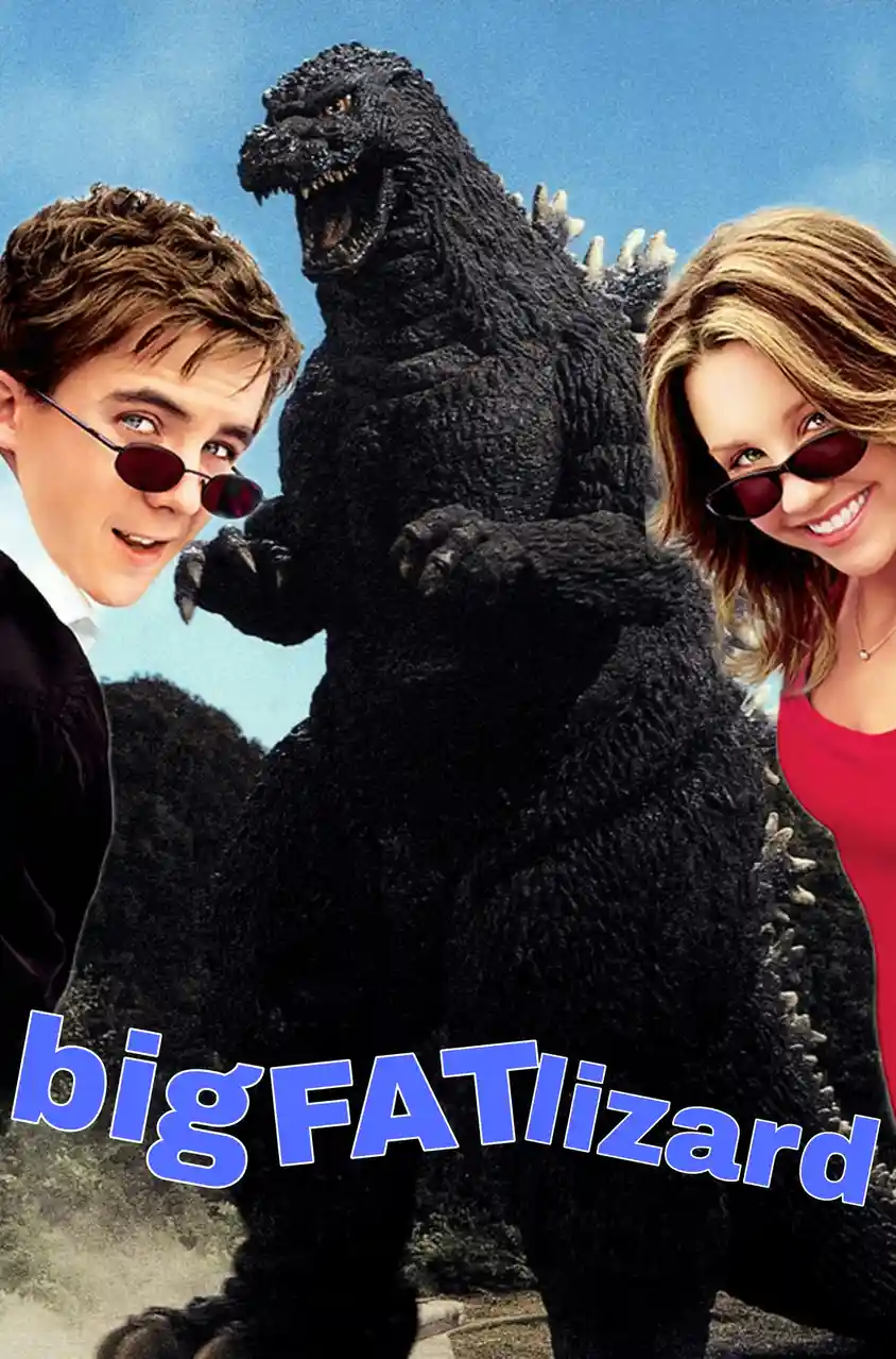 The image is a movie poster featuring a large, black, reptilian monster resembling Godzilla standing between a young man and…
