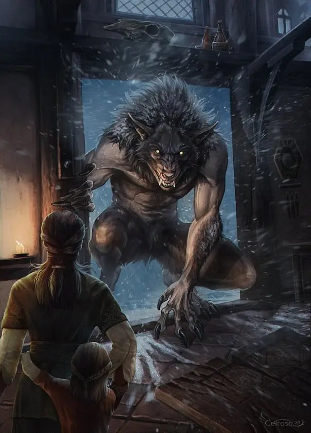 A person and a child stand inside a dark, snowy room, facing a large, menacing werewolf that is bursting through the…
