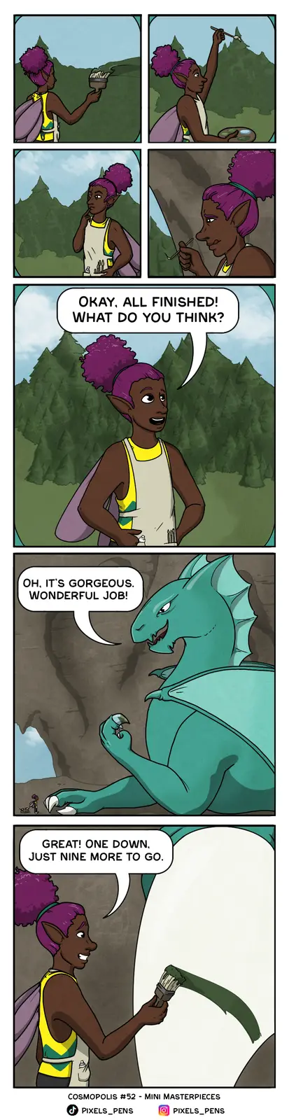 A comic strip shows a purple-haired elf artist painting a forest scene on a cliff face, then proudly showing it to a large…