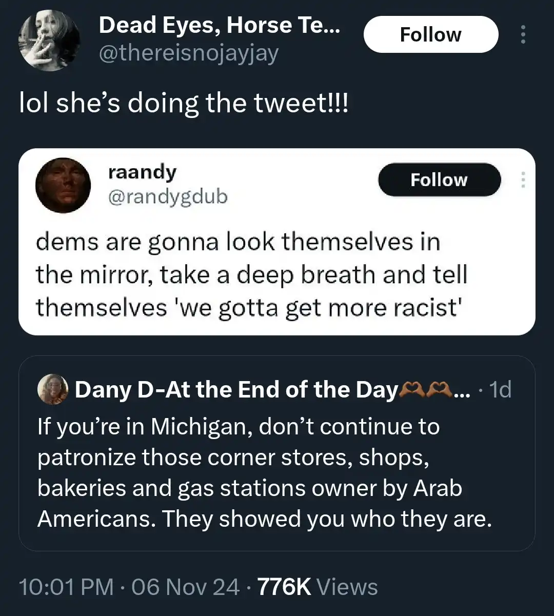 A screenshot of a Twitter thread shows a tweet from user 'raandy' that reads 'dems are gonna look themselves in the mirror…