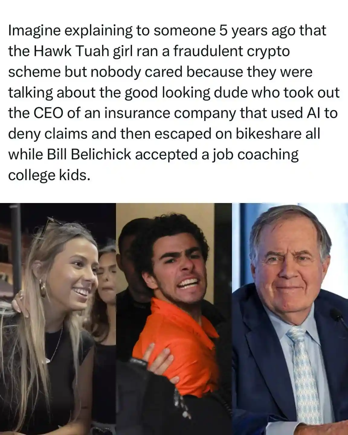 The image displays three side-by-side photos: a smiling blonde woman, a man in an orange jumpsuit being escorted with a…