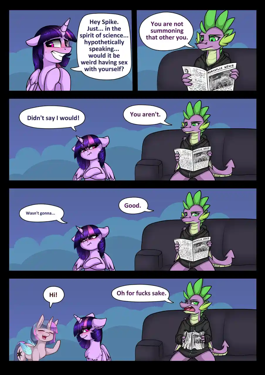A five-panel comic strip featuring Twilight Sparkle and Spike. Twilight asks Spike hypothetically if it would be weird to…