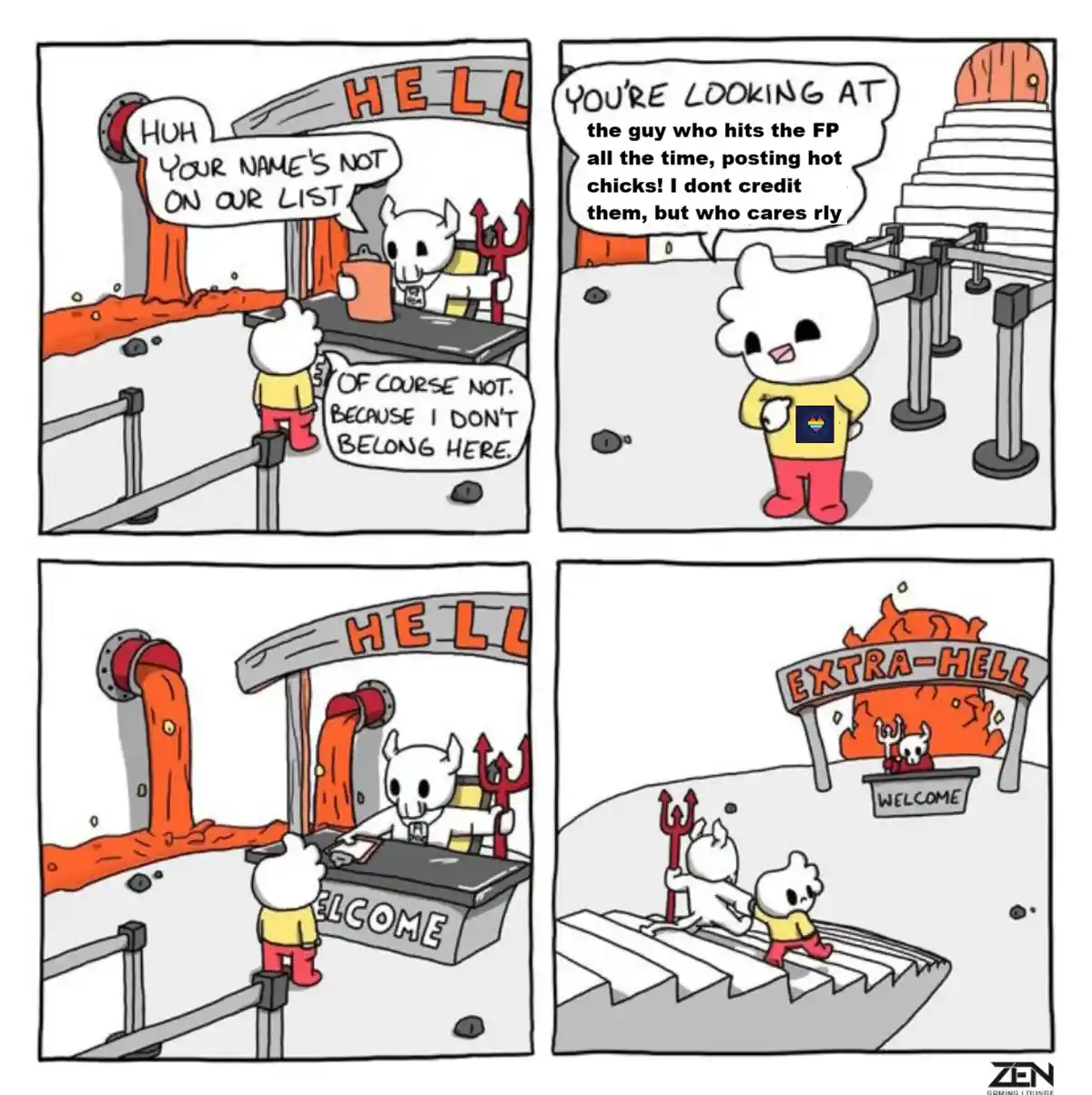 A four-panel comic shows a white, fluffy character at a 'HELL' gate. A devil clerk says 'Huh, your name's not on our list,'…