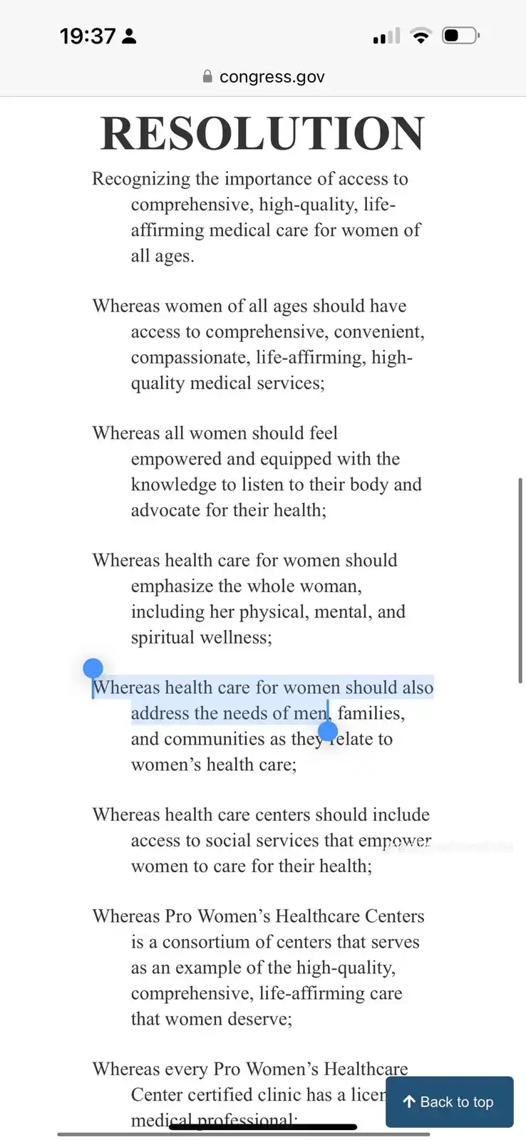 A screenshot of a congressional resolution on women's healthcare, with one paragraph highlighted and marked with blue dots…