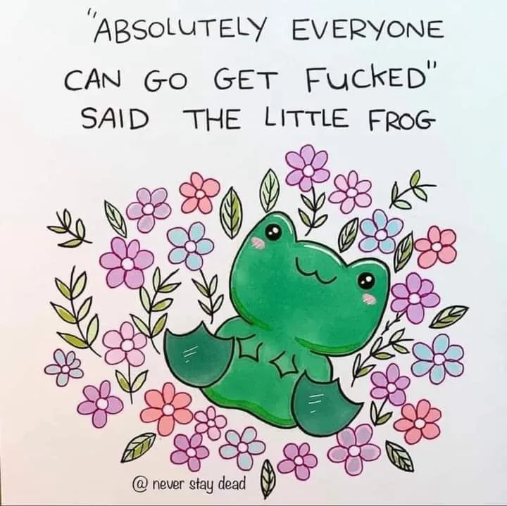 A cute, cartoon-style green frog with a smiling face sits surrounded by colorful flowers and leaves. The text above reads…