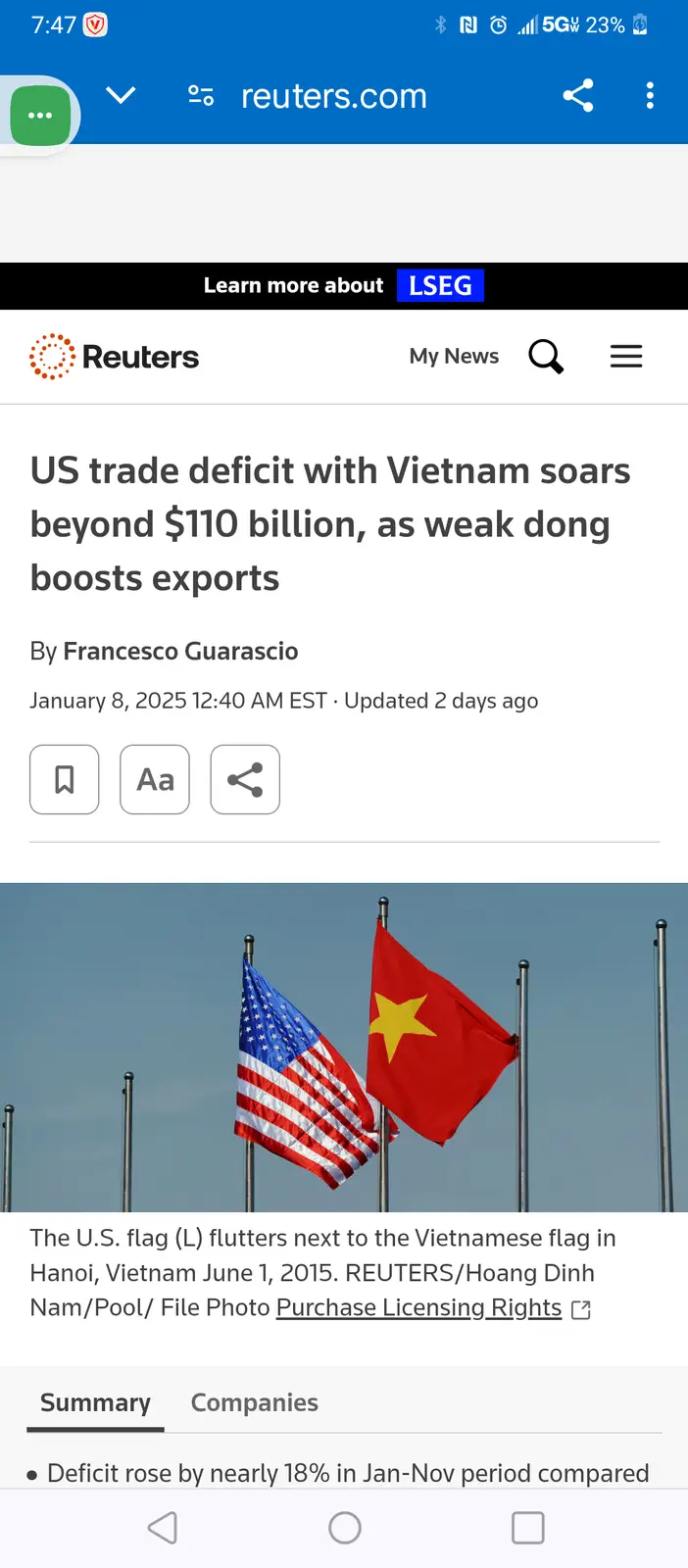 A screenshot of a Reuters news article shows the U.S. flag and Vietnamese flag waving side-by-side against a blue sky. The…