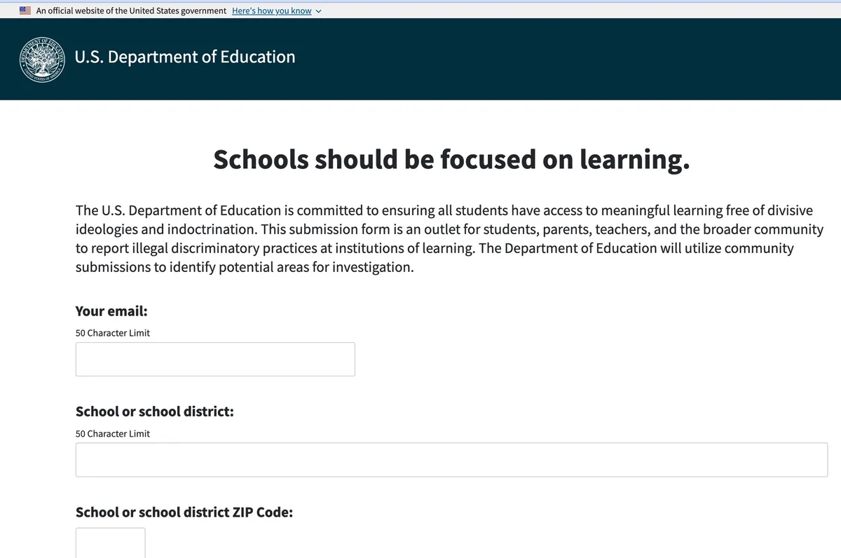 A screenshot of the U.S. Department of Education's official website showing a form titled 'Schools should be focused on…