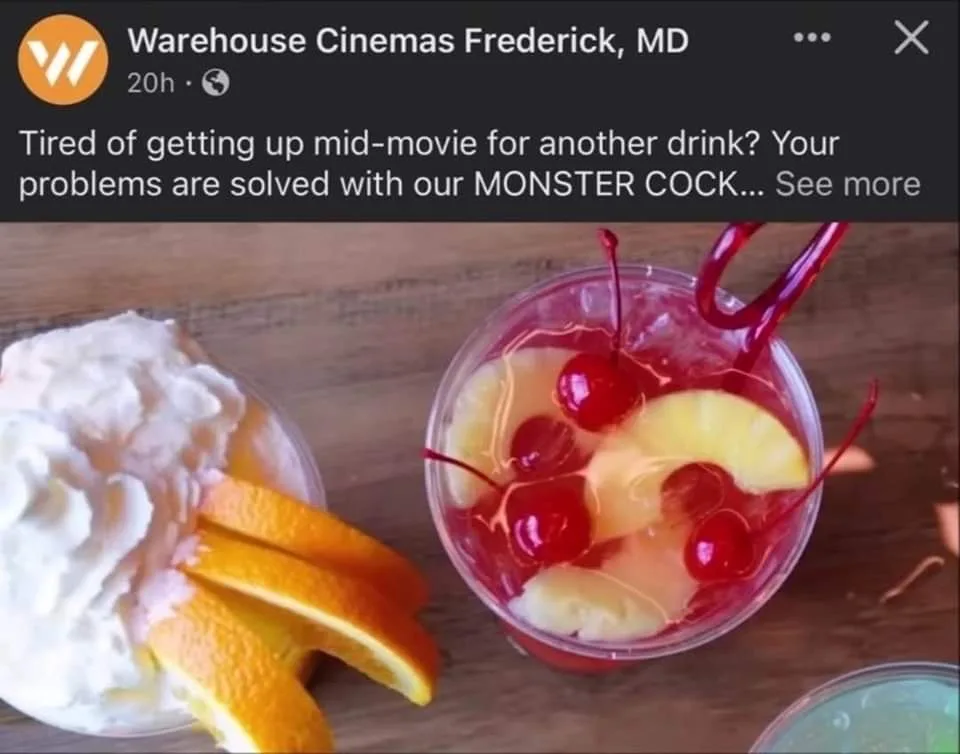 A social media post from Warehouse Cinemas Frederick, MD shows two large, elaborate drinks on a wooden table. One drink is…