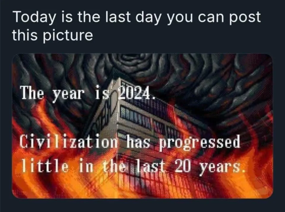 A pixelated image of a building engulfed in flames with dark, swirling clouds above. White text overlaid on the image reads…