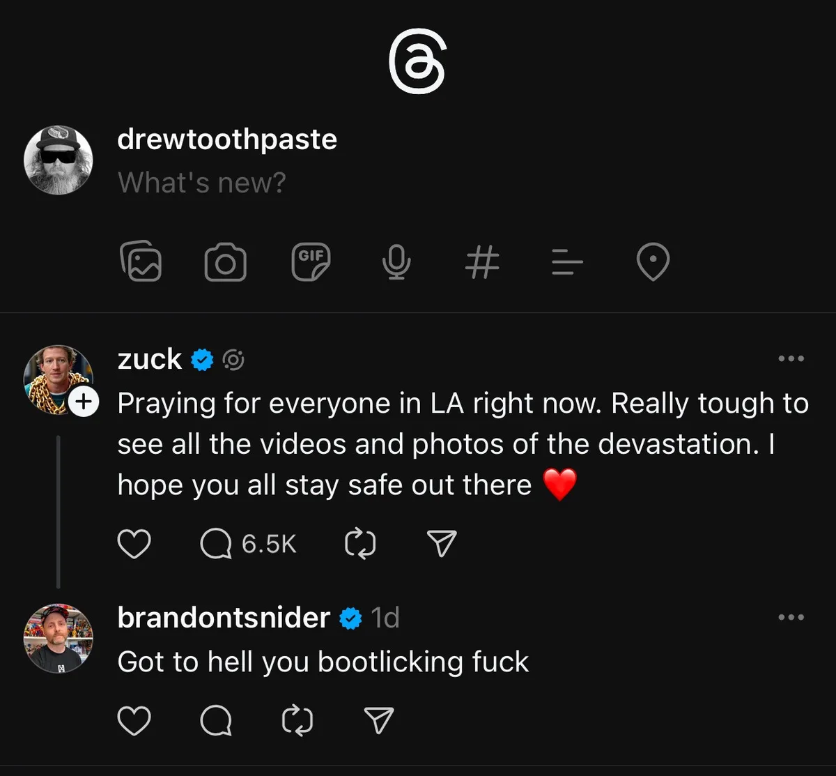 A screenshot of an Instagram Story interface showing a post from 'zuck' (Mark Zuckerberg) expressing sympathy for LA after a…