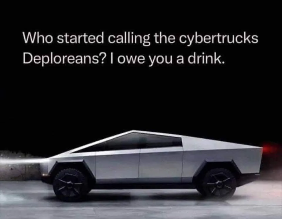 A silver Tesla Cybertruck is shown in profile against a dark background, with its front headlight glowing. White text…