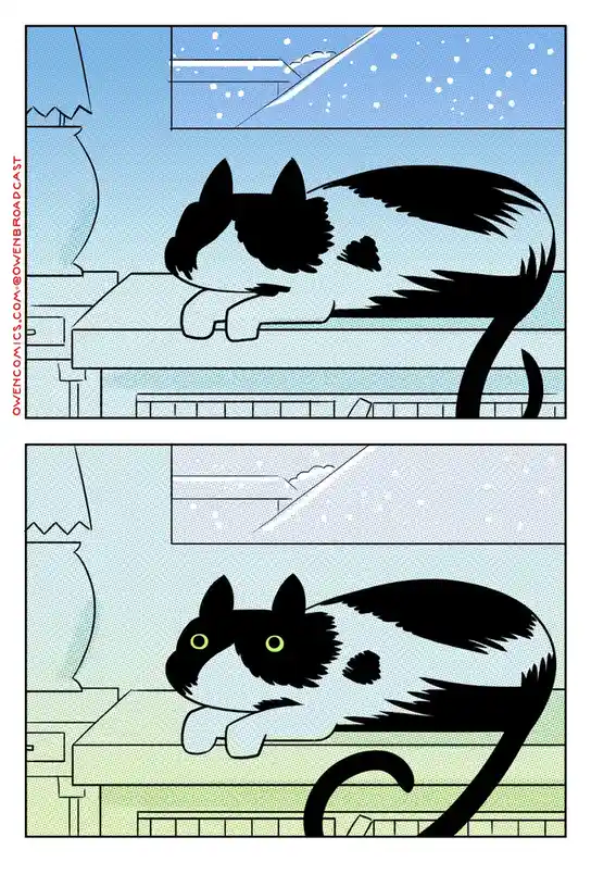 A two-panel comic strip shows a black and white cat lounging on a windowsill. In the top panel, the cat is asleep with its…