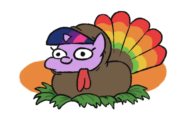A cartoon purple pony with a rainbow mane and a turkey body, wearing a brown turkey costume hood and standing on green grass…