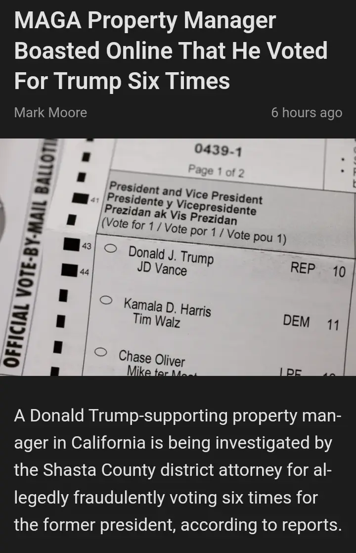 A screenshot of a news article headline reads 'MAGA Property Manager Boasted Online That He Voted For Trump Six Times' above…