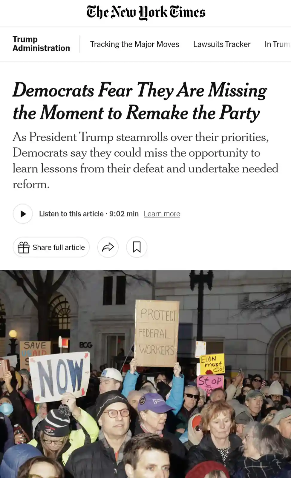 The image shows a screenshot of a New York Times article with the headline 'Democrats Fear They Are Missing the Moment to…