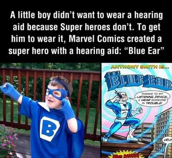 The image is split into two panels. On the left, a young boy in a blue superhero costume with a 'B' on his chest and a mask…