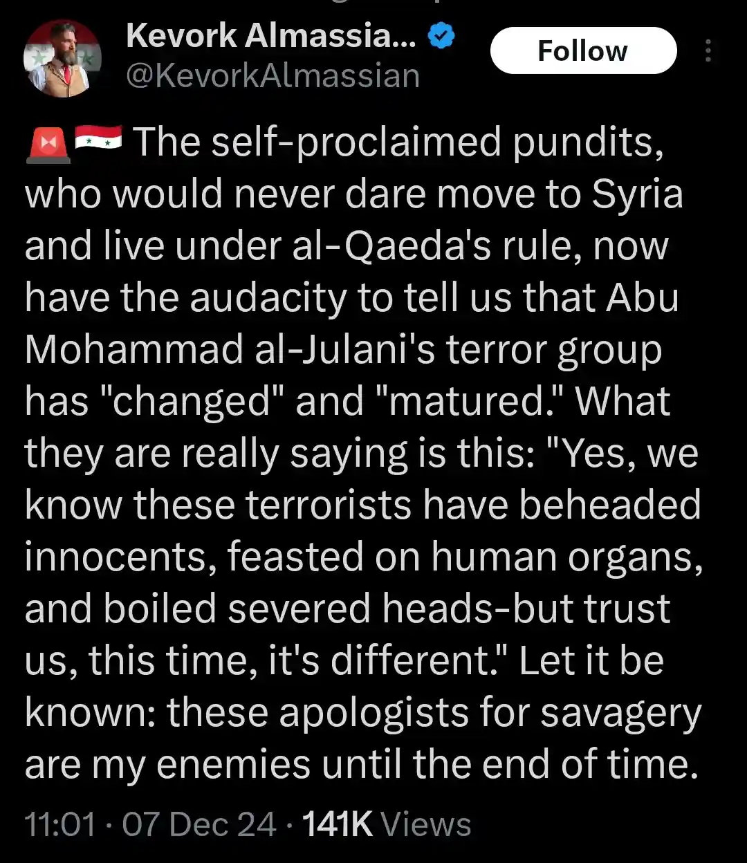 A screenshot of a Twitter post by Kevork Almassian, featuring a black background with white text. The text is a political…