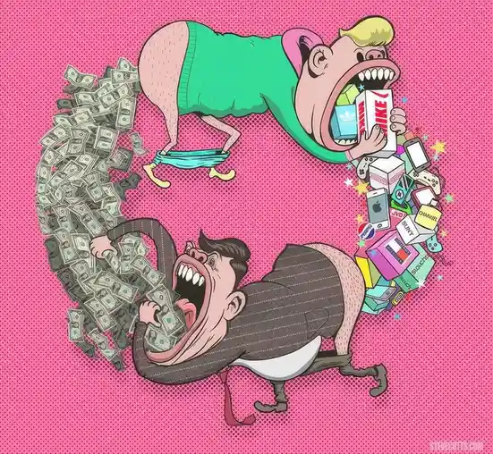 Two cartoon men are depicted in a circular, exaggerated pose, each with their mouths wide open. The man on top, wearing a…