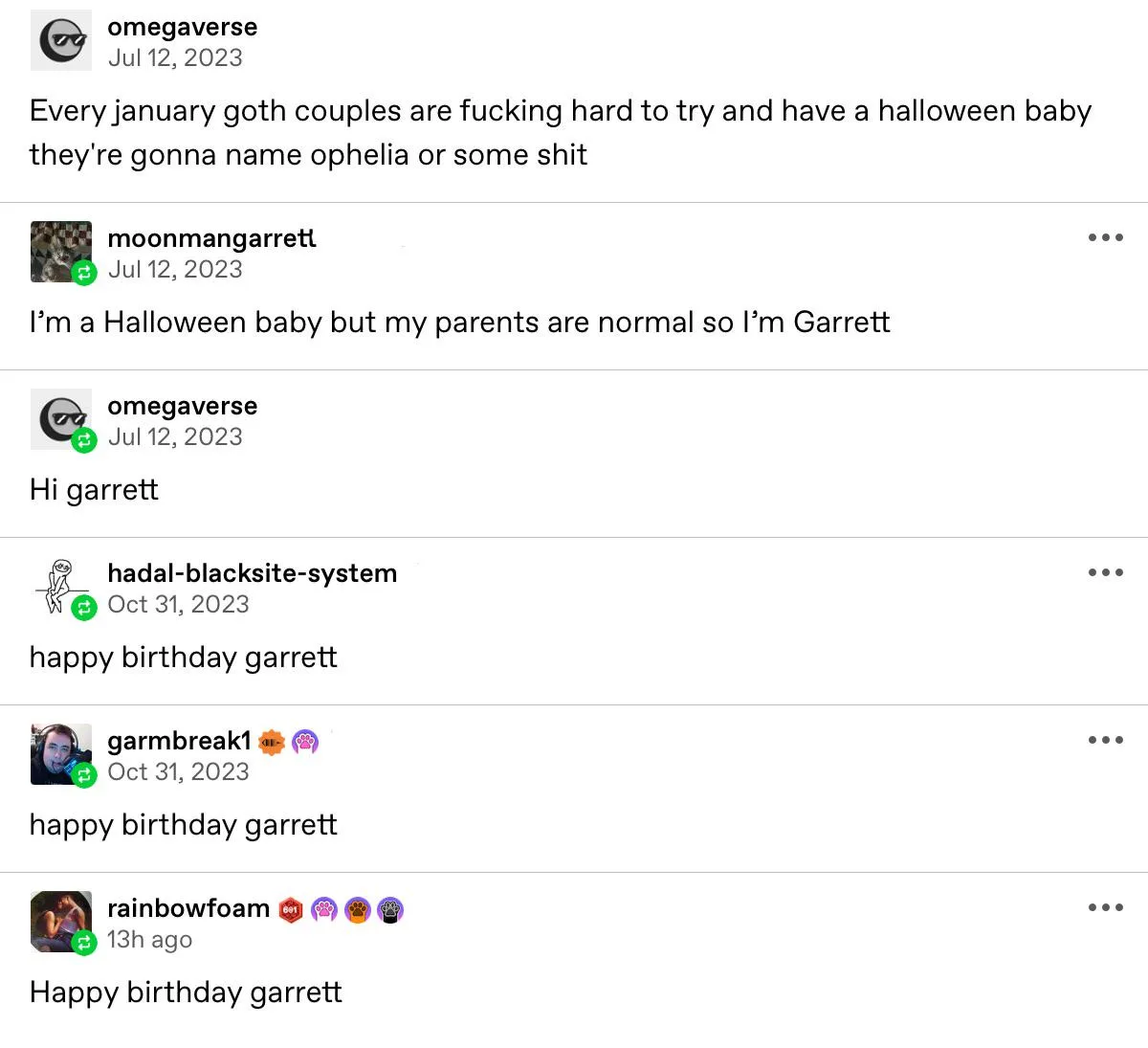 A screenshot of a social media thread where a user jokes that goth couples try hard to have Halloween babies named Ophelia…