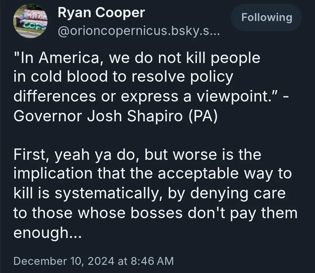 A screenshot of a social media post by Ryan Cooper showing a quote attributed to Governor Josh Shapiro about not killing…