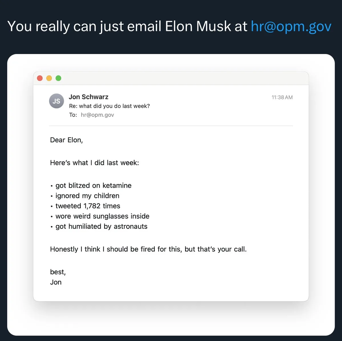 An email screenshot shows Jon Schwarz replying to 'what did you do last week?' sent to hr@opm.gov, listing absurd activities…