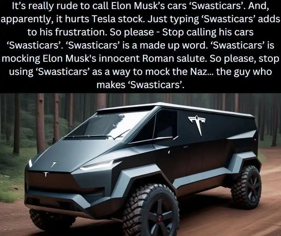 A black, angular, futuristic Tesla pickup truck with a Tesla logo on the side is parked on a dirt road in a forest. The…