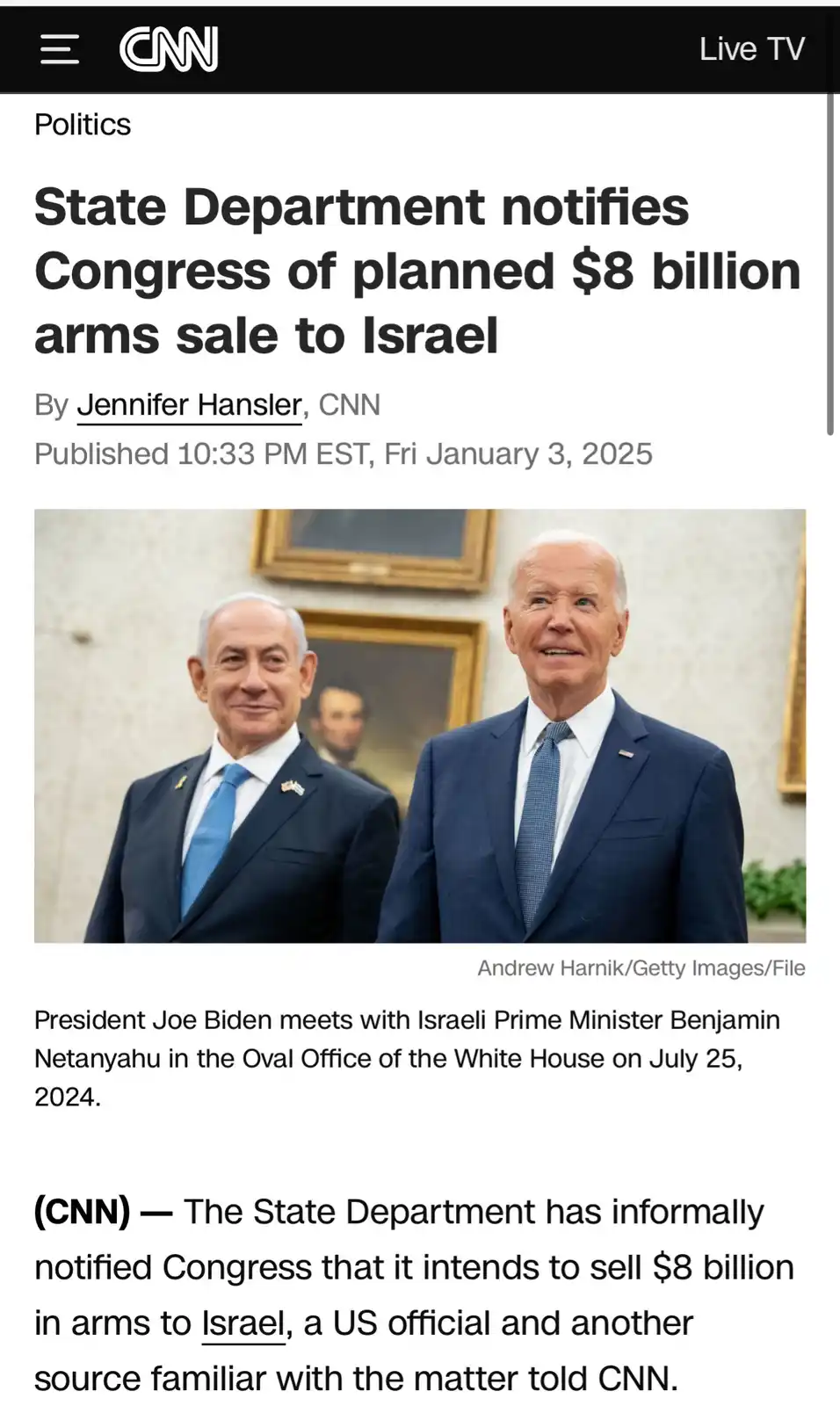 A screenshot of a CNN news article from January 3, 2025, showing a photo of President Joe Biden and Israeli Prime Minister…