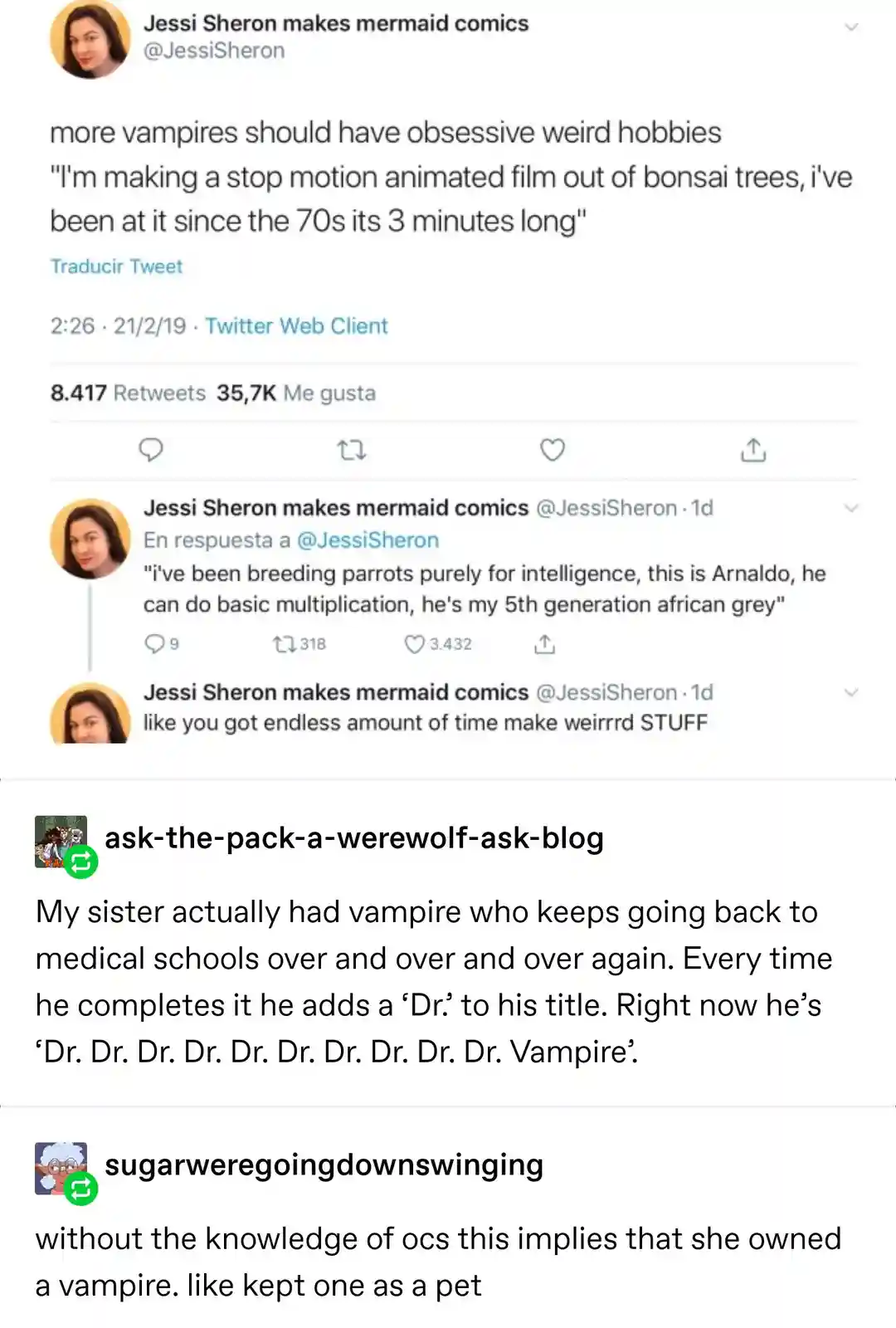 The image shows a screenshot of a Twitter thread by user Jessi Sheron, who humorously suggests vampires should have…