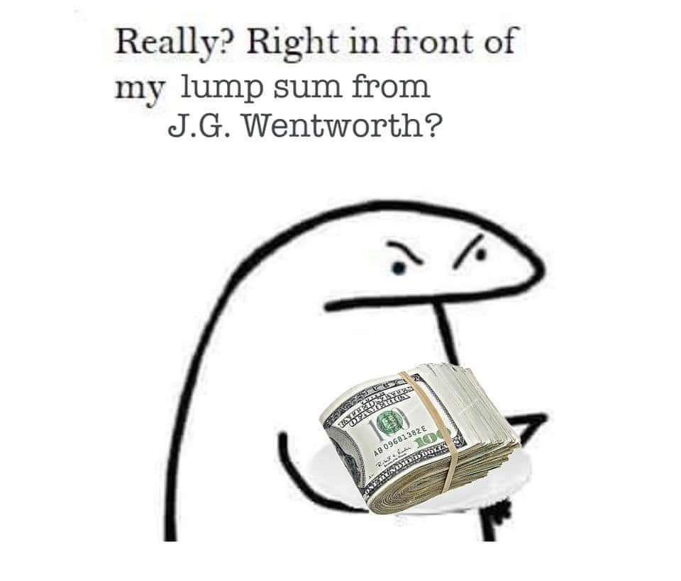 A simple stick figure with an angry, skeptical expression holds a large stack of US $100 bills tied with a rubber band…