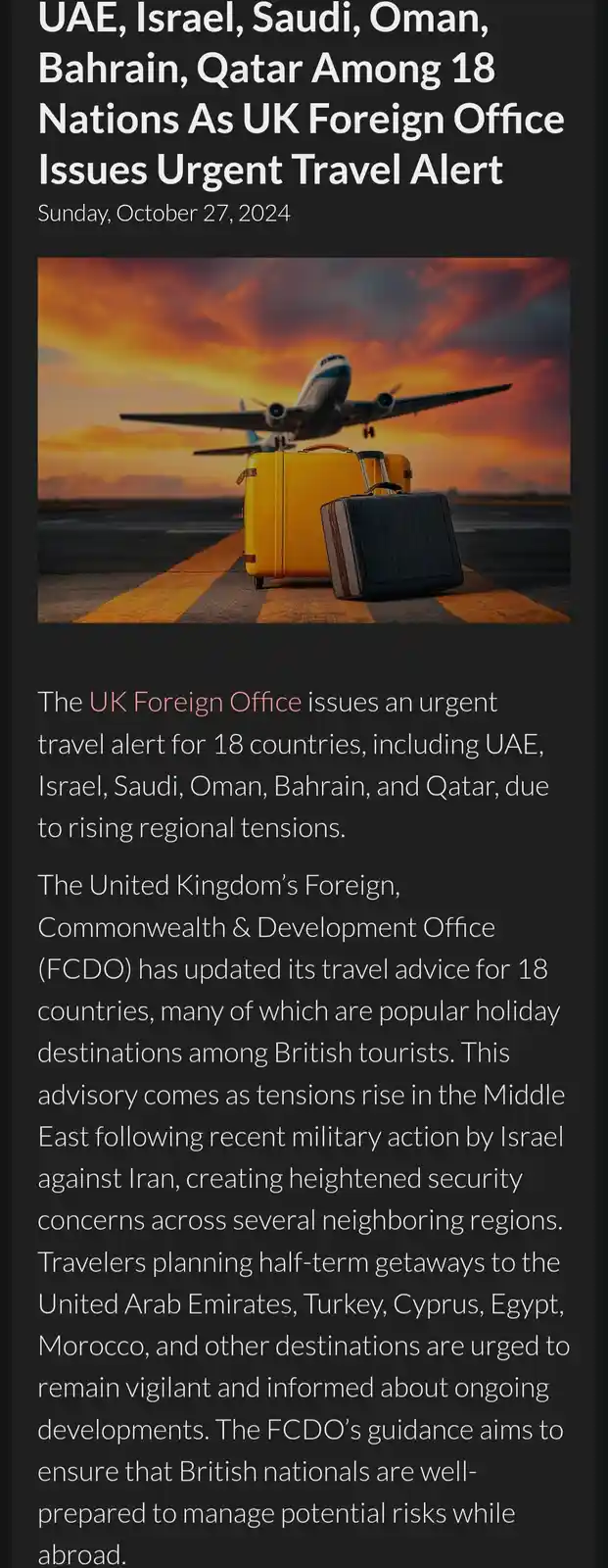 A news article screenshot shows a headline about the UK Foreign Office issuing an urgent travel alert for 18 nations…