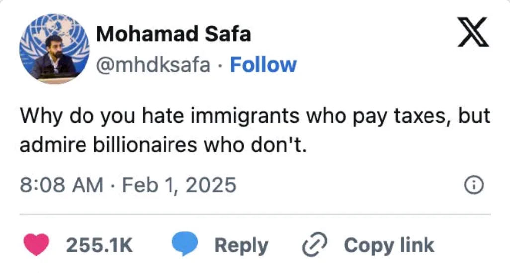 A screenshot of a tweet by user Mohammad Safa (@mhdkksafa) on the X platform, showing a profile picture of a man at a podium…