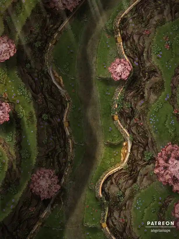 An overhead fantasy map depicts a winding stone path flanked by grassy hills, pink flowering trees, and purple flowers, with…