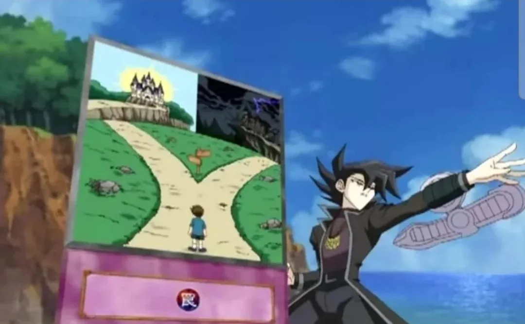 An anime character in a dark outfit points at a large card showing a forked path. One path leads to a bright, sunny castle…