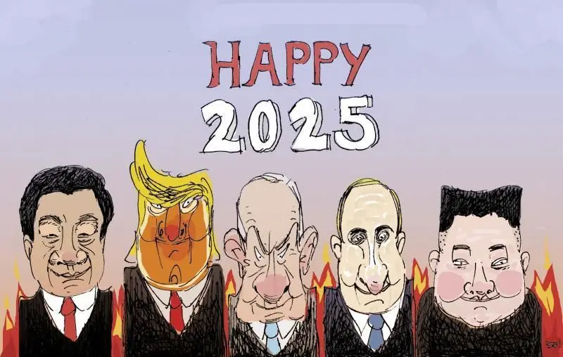 Five caricatured world leaders stand side-by-side against a gradient background with flames at their feet. From left to…