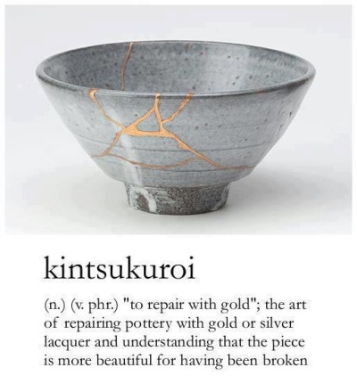 A gray ceramic bowl with visible cracks repaired using gold-colored lacquer, accompanied by a definition of the Japanese…