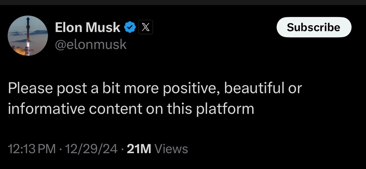 A screenshot of a social media post attributed to Elon Musk, showing his profile picture of a rocket launch, his verified…