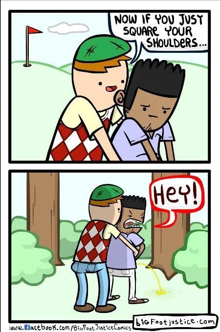 A two-panel comic shows a golfer in a green cap and checkered vest advising a frustrated golfer to 'square your shoulders'…
