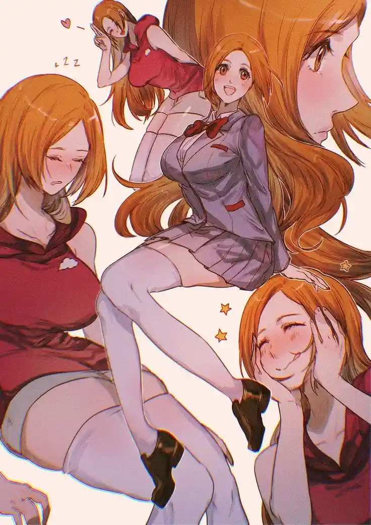 A collage of anime-style illustrations featuring multiple depictions of the same orange-haired female character in various…
