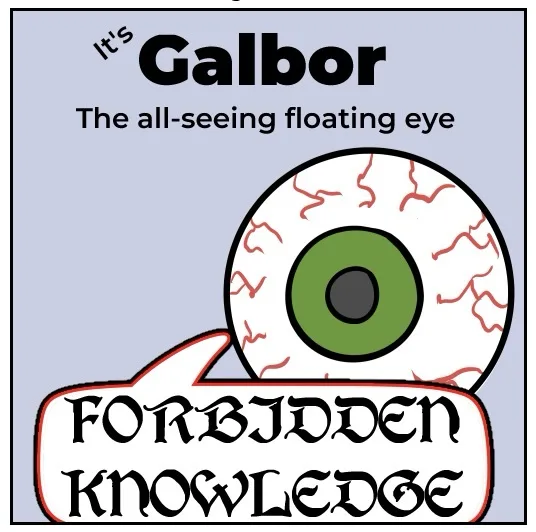 A cartoon illustration of a large, floating eyeball with red veins and a green iris, positioned above a speech bubble. The…
