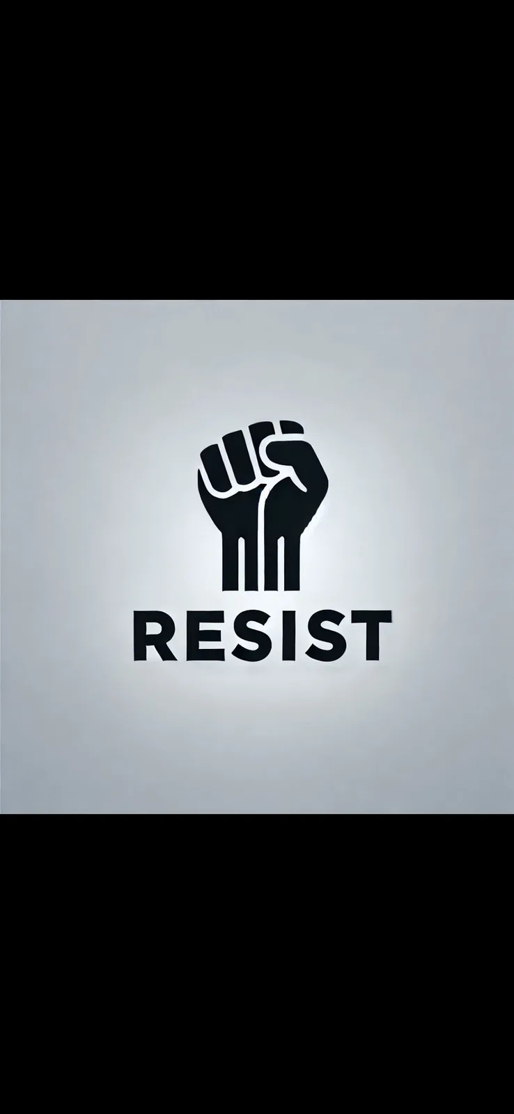 A black silhouette of a raised fist is centered on a light gray background, with the word 'RESIST' in bold, black, uppercase…